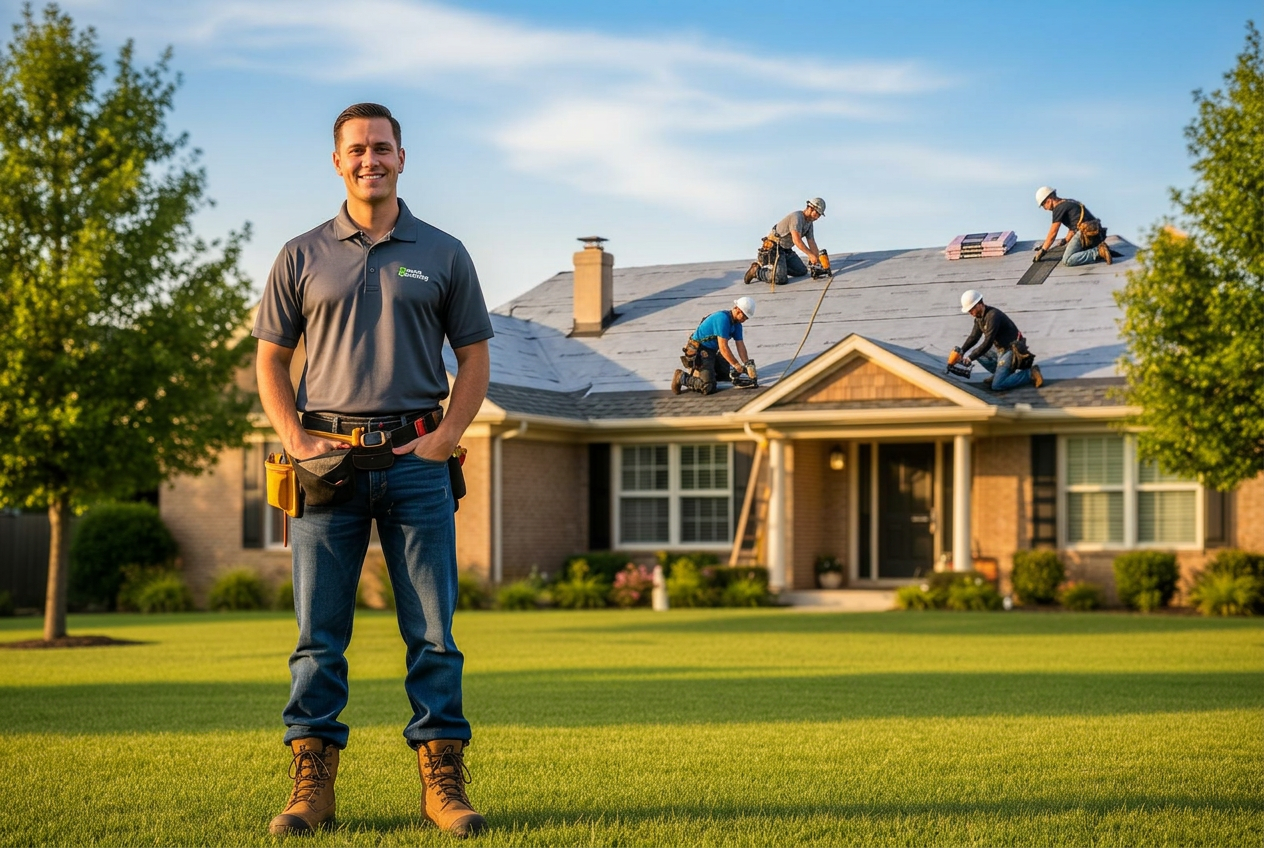 Professional roofing contractor standing in front of a house being roofed by a professional crew
